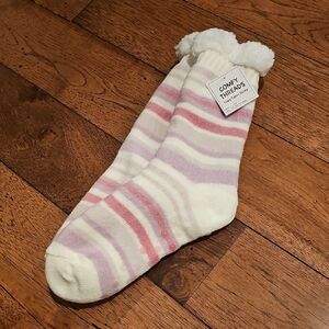 Comfy Threads Cozy Striped Fuzzy Lined Socks - Cream, Pink, Lavender
